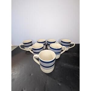 Set of 6 Blue and White Striped Ceramic Coffee Mugs